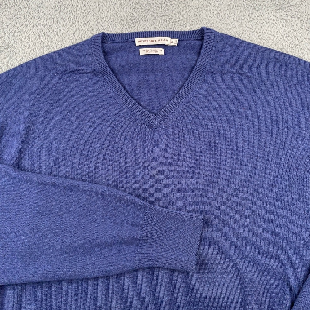 Peter Millar Sweater Mens XL Blue Silk Cotton Cashmere V-Neck Pullover Classic